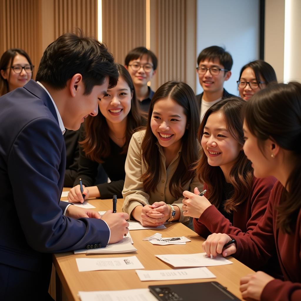 Fans meeting their favorite actor at a fan club event