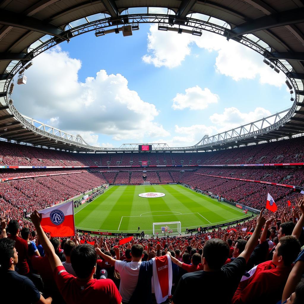 Fans holding up banners and scarves at a packed stadium