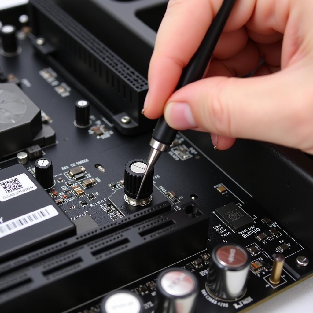 A technician adjusting the fan speed on a computer motherboard