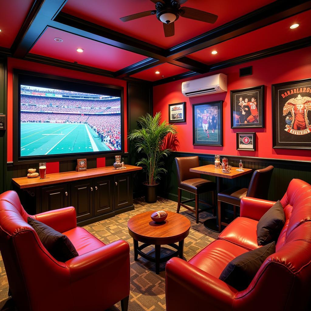 An air-conditioned fan cave decorated for a football watch party