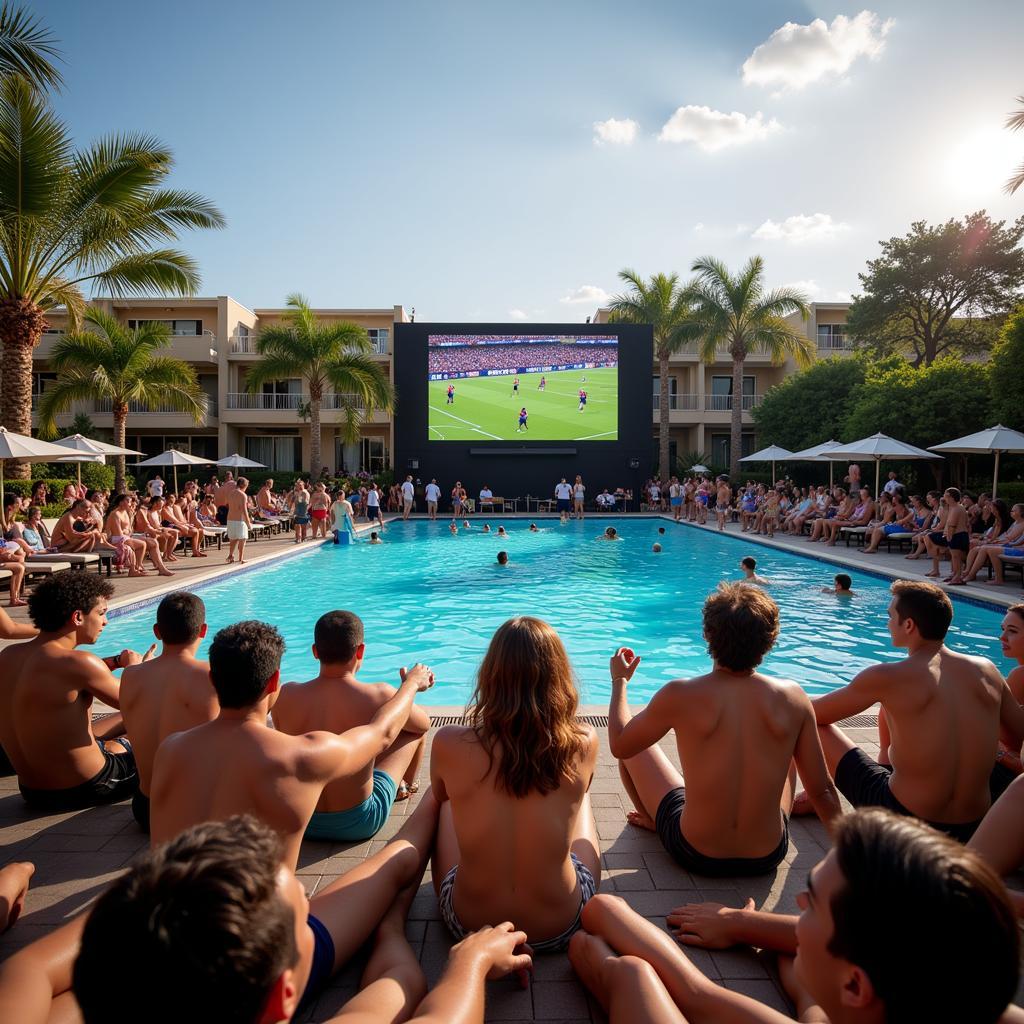 Fans enjoying a match by the pool