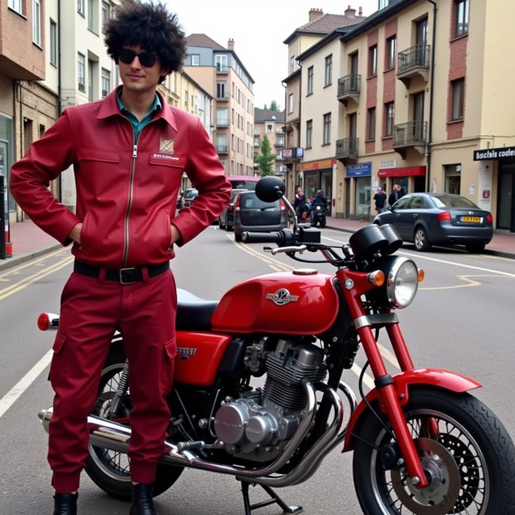 A fan dressed as Kaneda from Akira, posing with his iconic red motorcycle