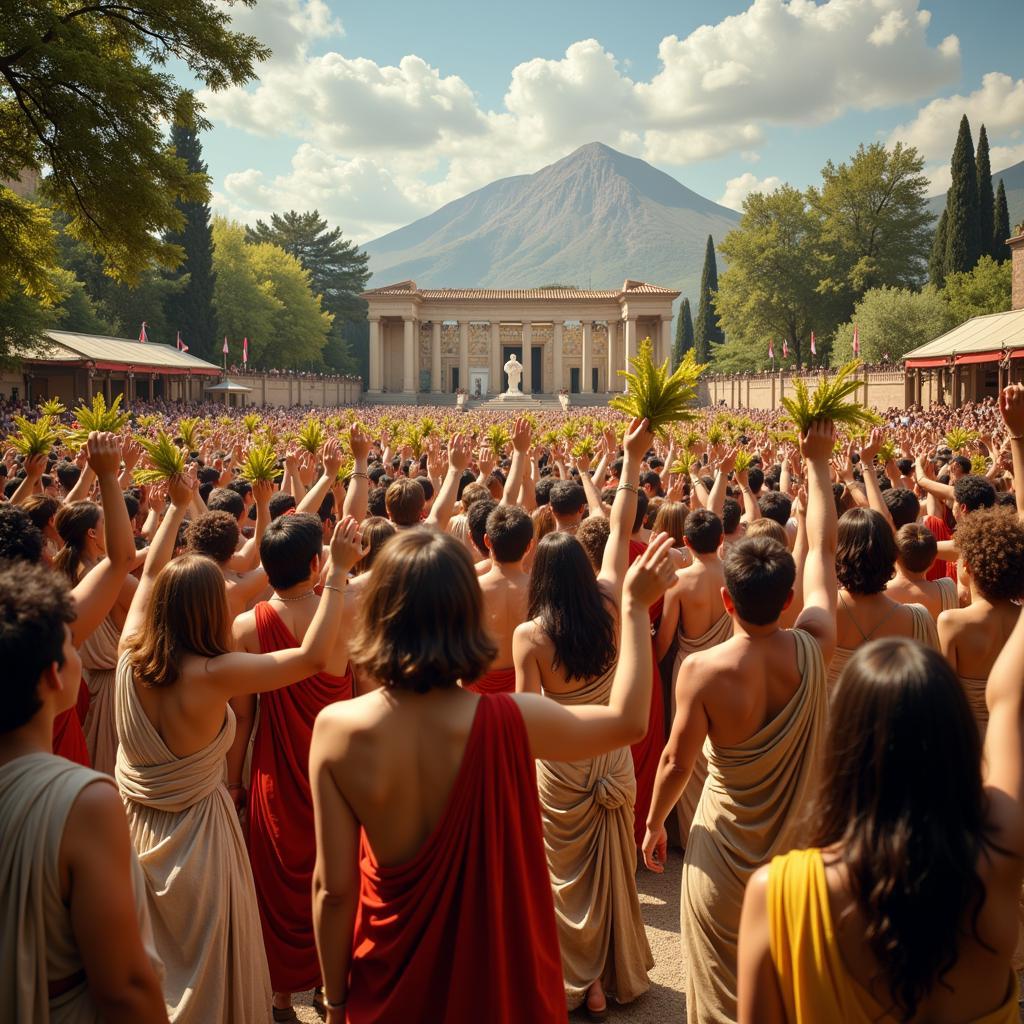 Ancient Greek festival crowd holding bundles of leaves