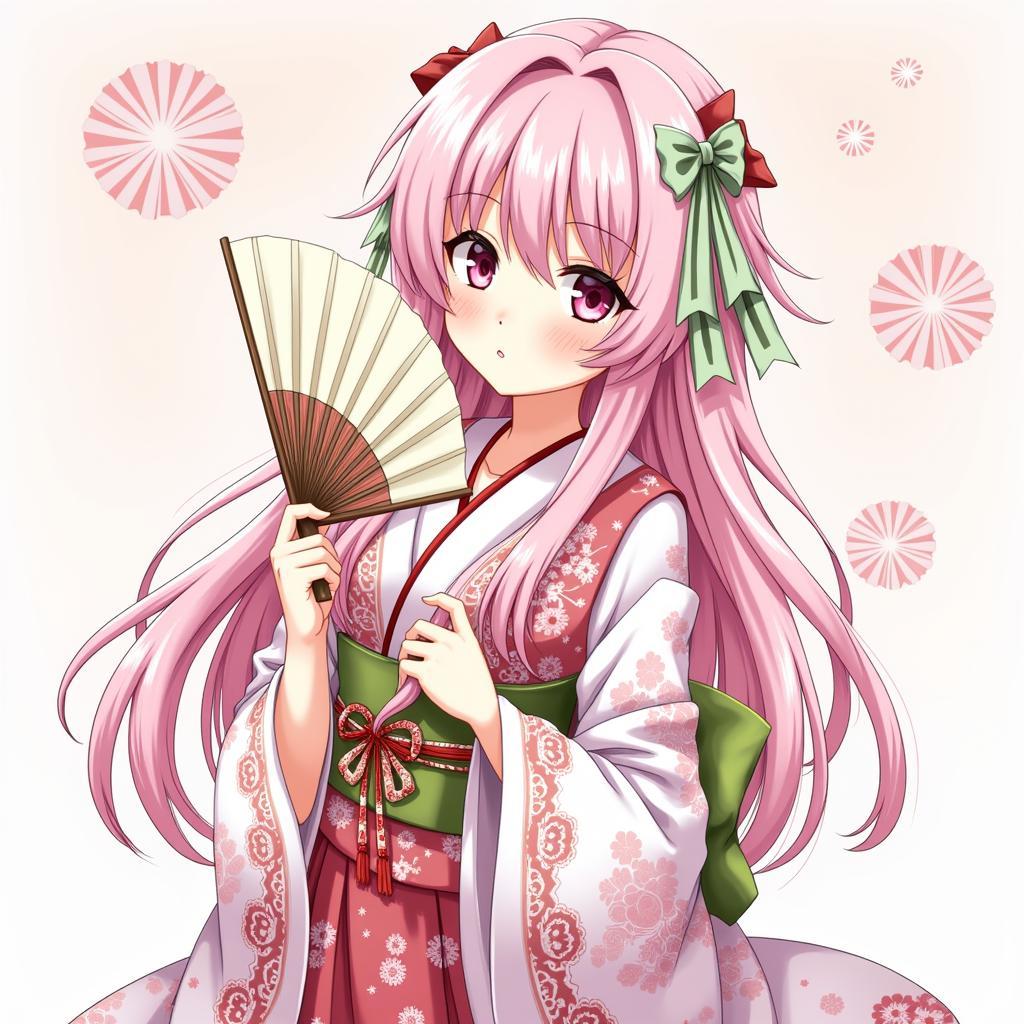 Anime Girl in Traditional Clothing Holding a Paper Fan