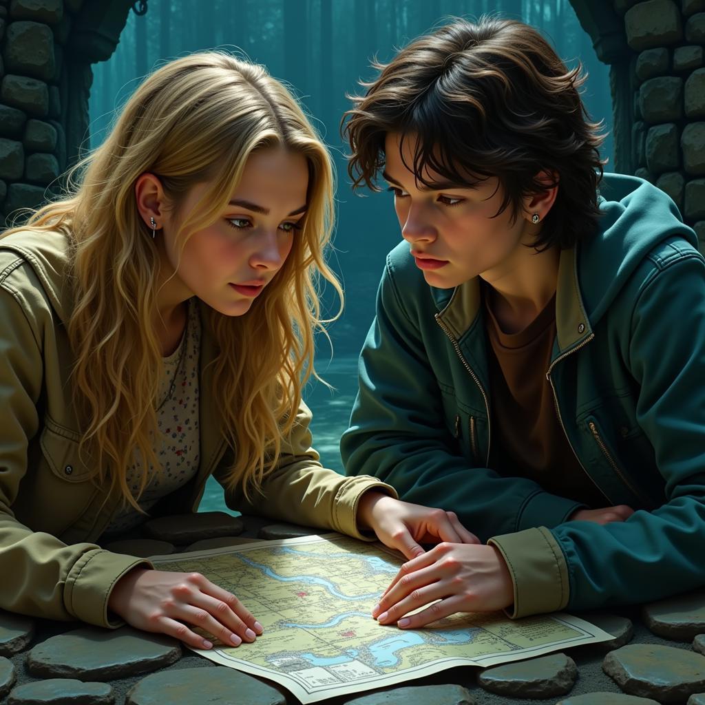 Annabeth Chase and Percy Jackson working together in the labyrinth