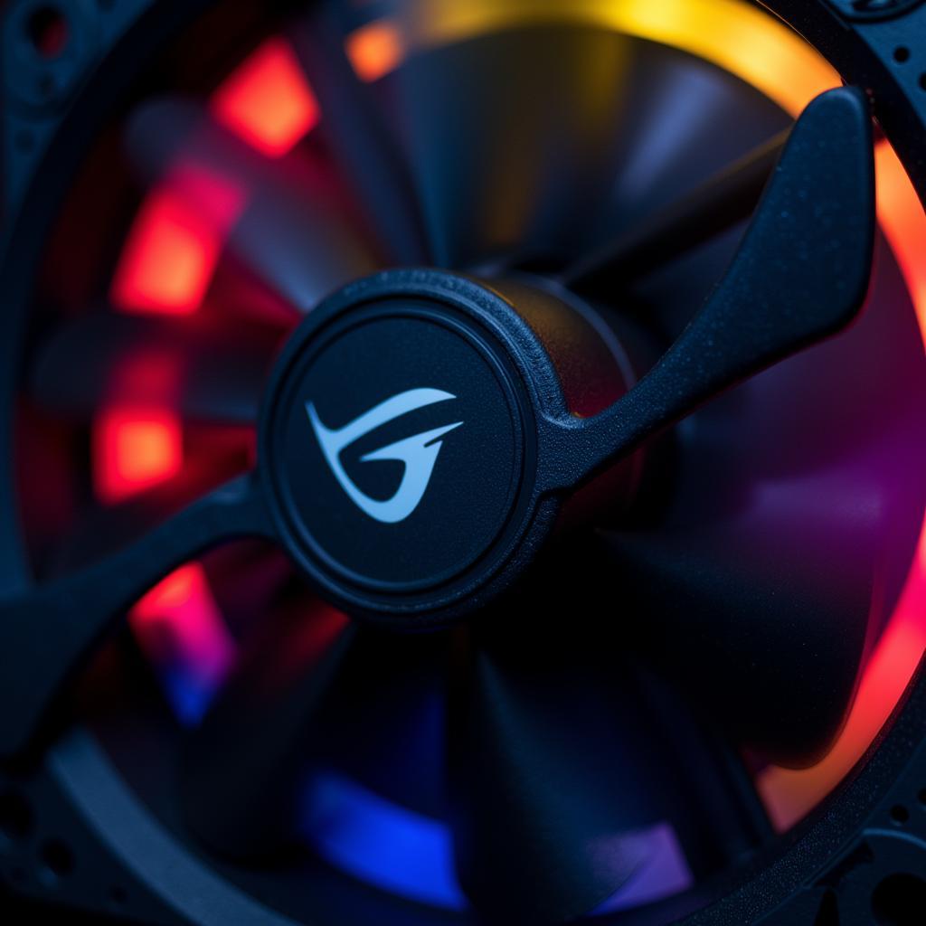 Close-up of an Aorus fan showcasing its intricate blade design and RGB lighting