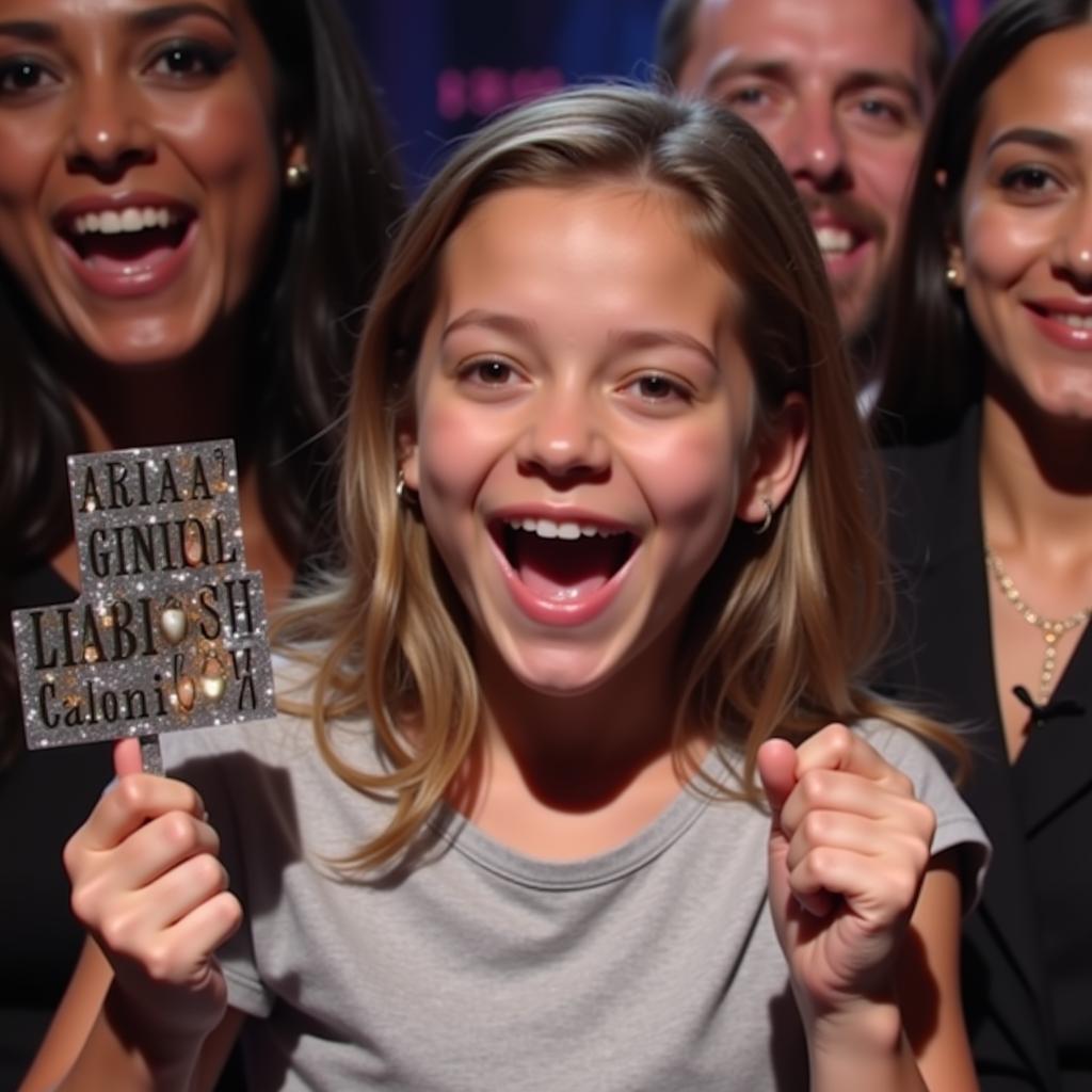 A fan holding up an award won by Ariana Grande