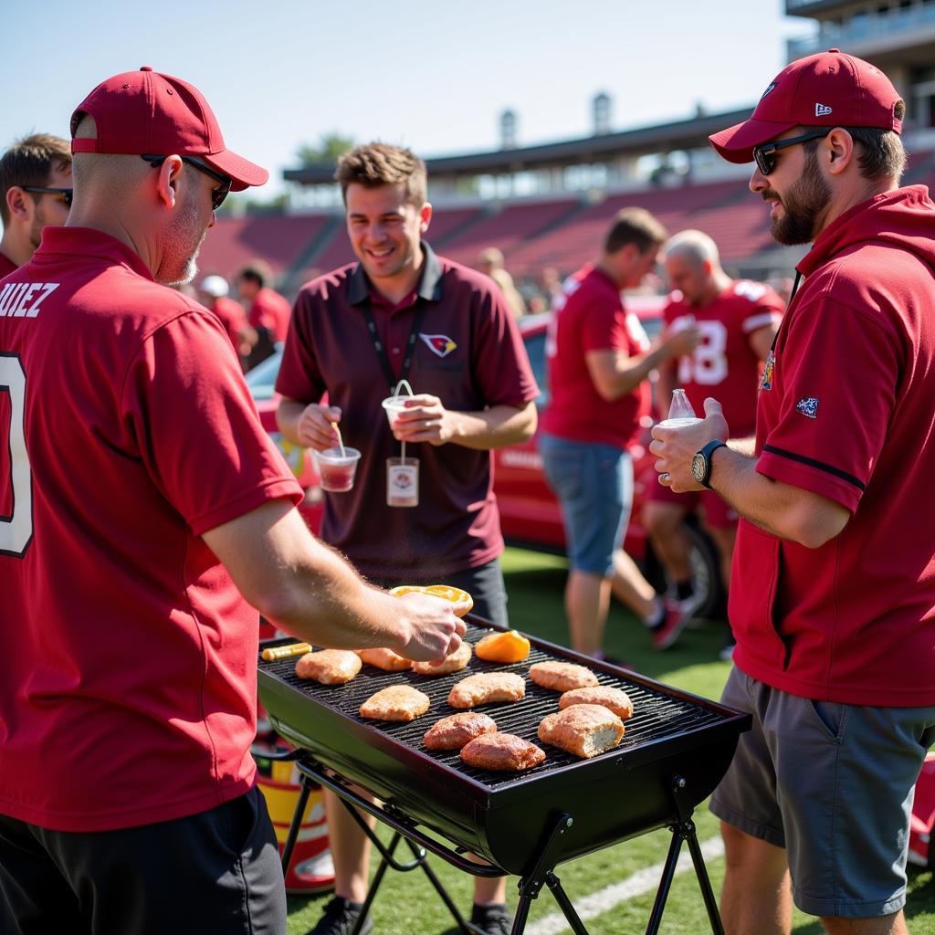 Arizona Cardinals fans enjoying a lively tailgate party in the stadium parking lot.