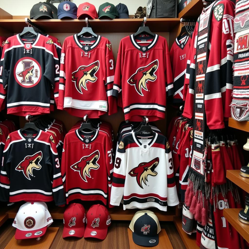 Arizona Coyotes jerseys and merchandise displayed in a shop