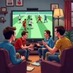 A group of friends watching a football game on TV, passionately discussing the plays.