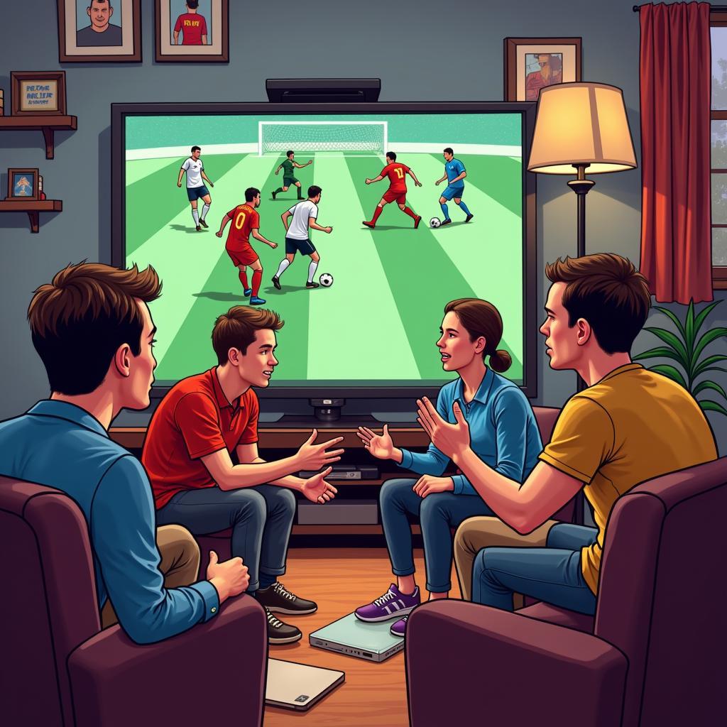 A group of friends watching a football game on TV, passionately discussing the plays.