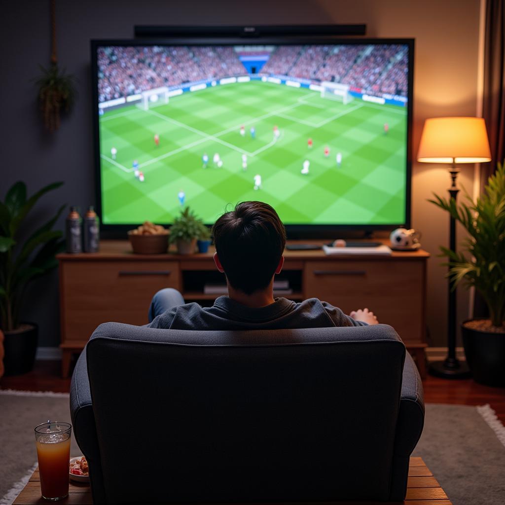 A Football Fan Watching a Game on TV