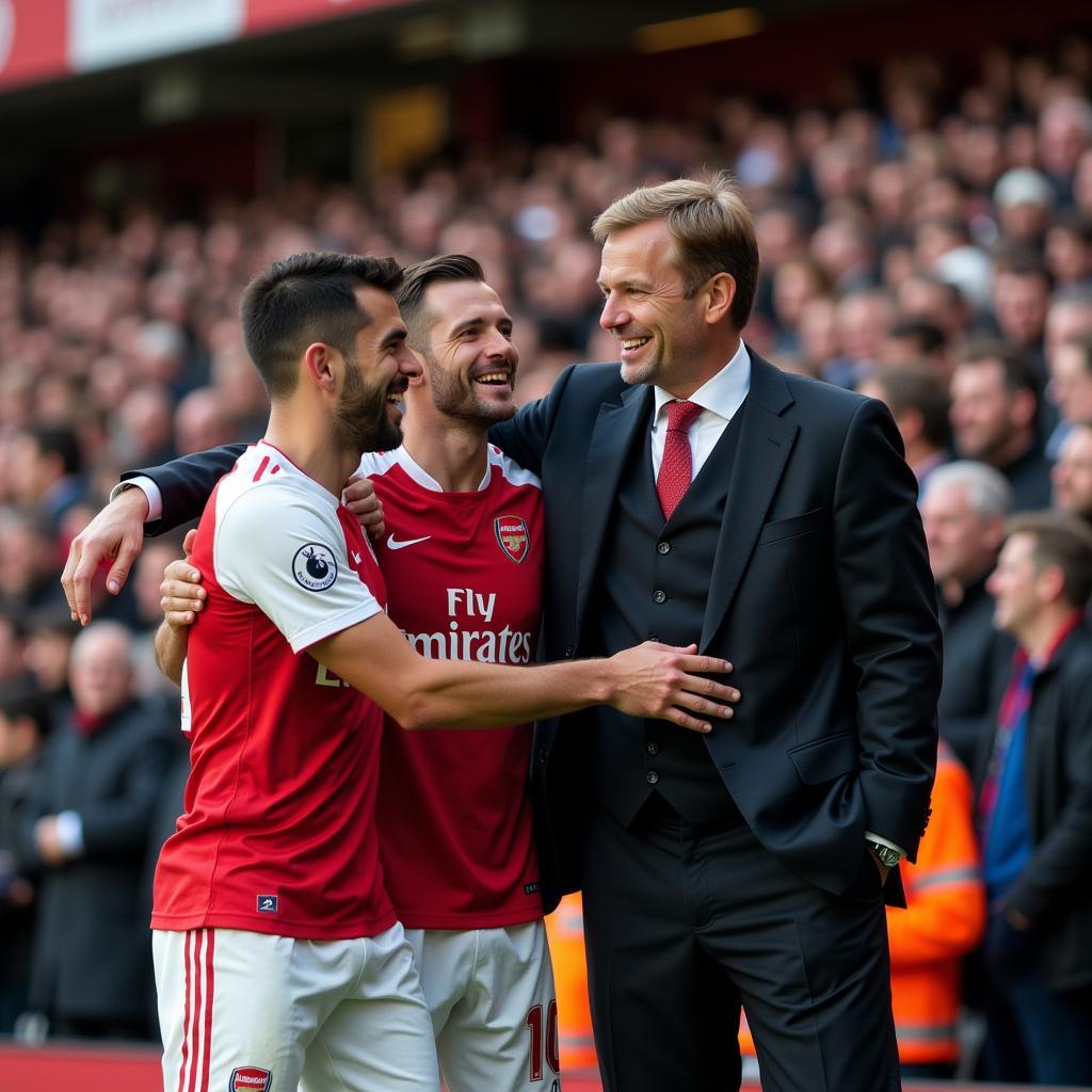 Arsenal manager and players celebrating with fans