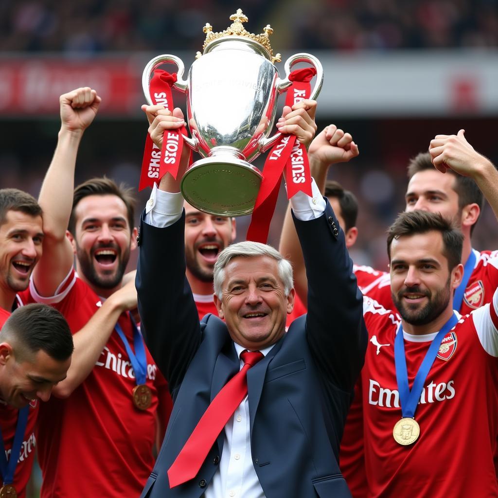 Arsene Wenger lifting the Premier League trophy