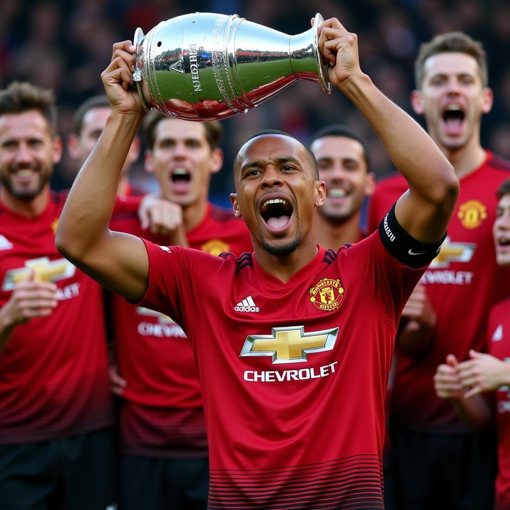 Ashley Young lifting a trophy as Manchester United captain