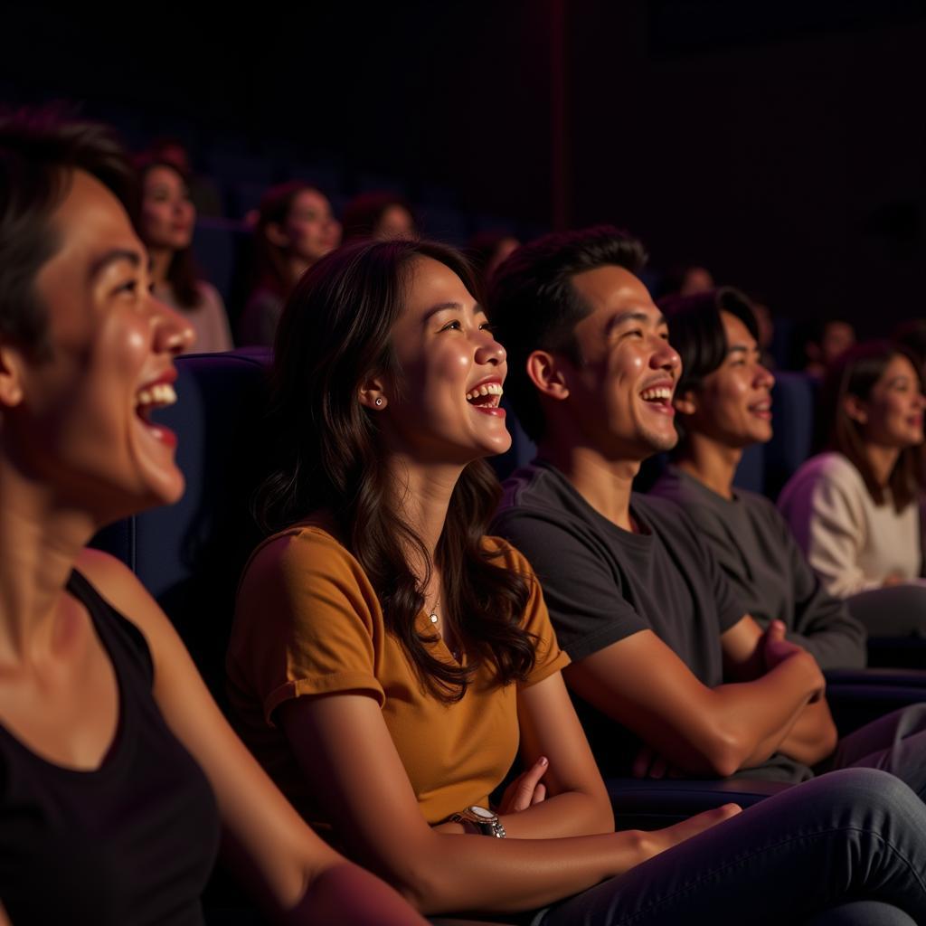 Asian moviegoers laughing and reacting to a comedy scene