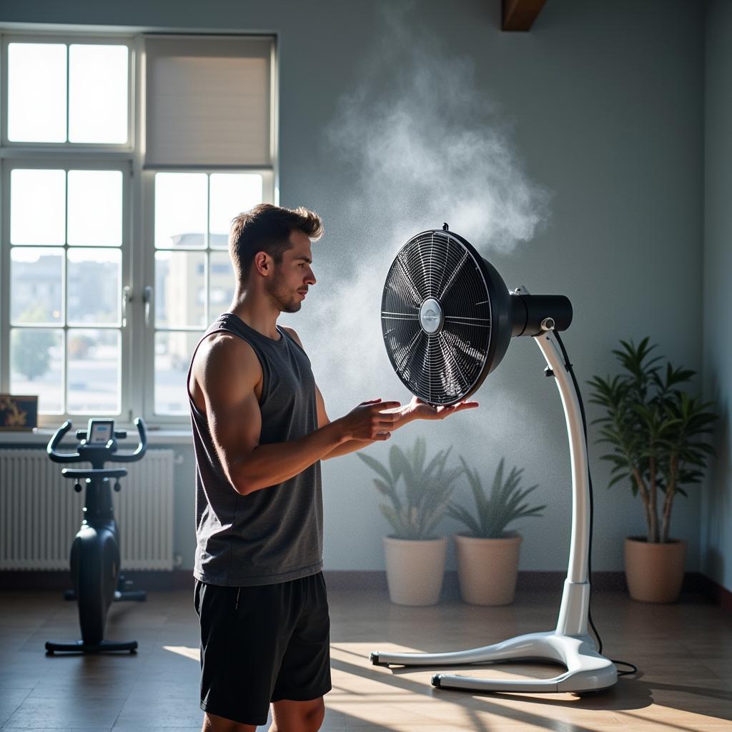 Athlete Cooling Down with Misting Fan