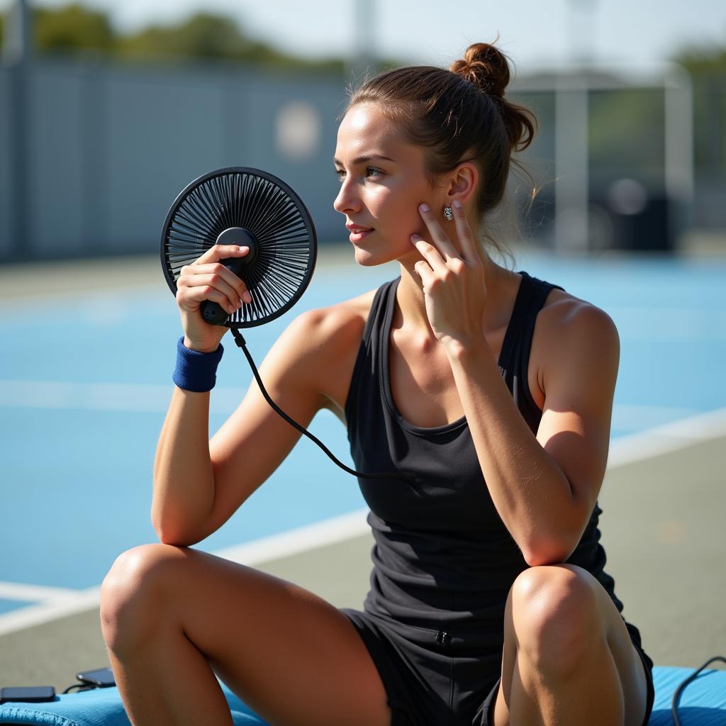 Athlete Using Handheld Fan During Training