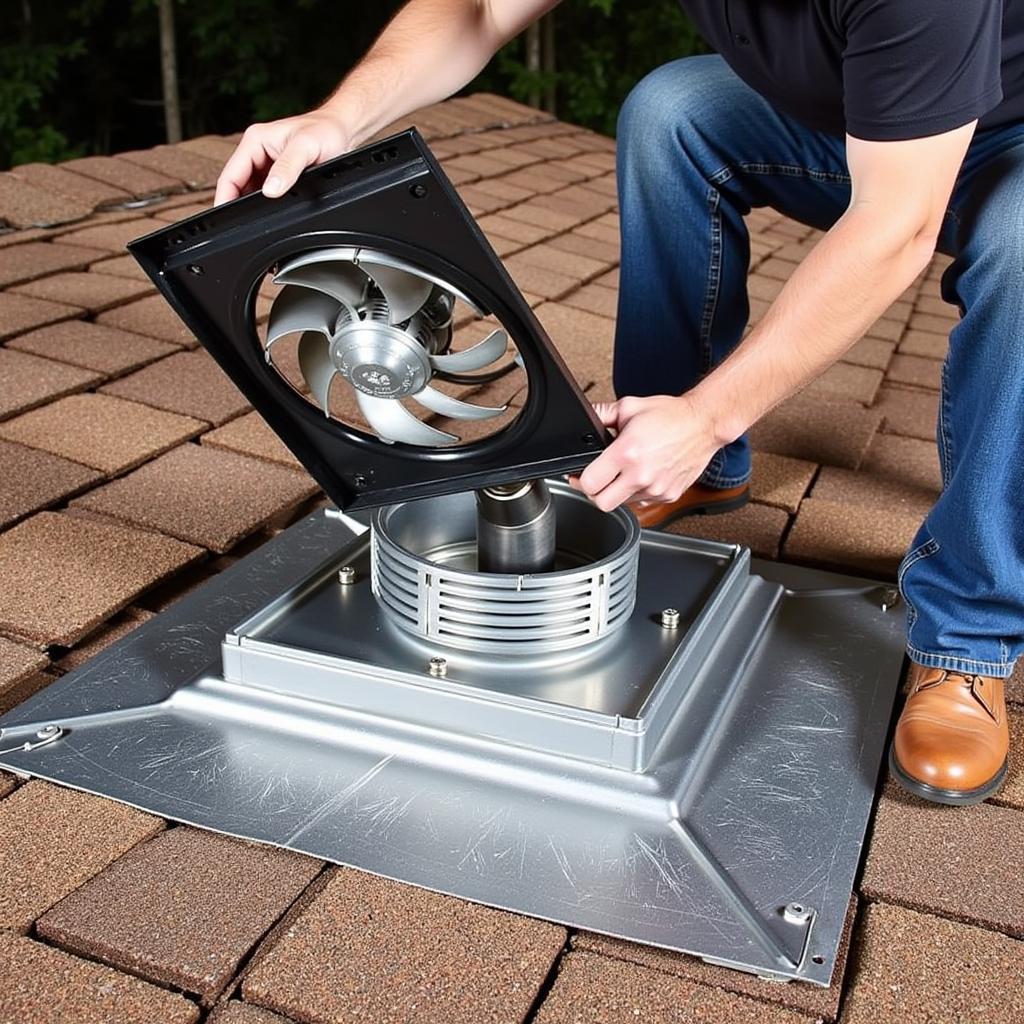 Attic fan being installed in a residential home