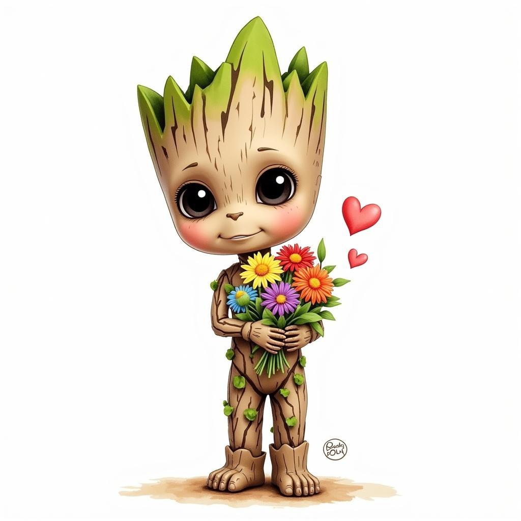 Baby Groot holding a bouquet of flowers