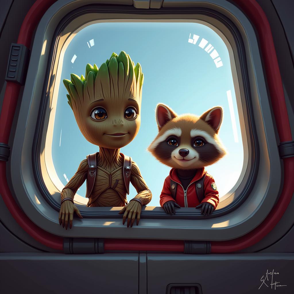 Baby Groot and Rocket Raccoon in a spaceship