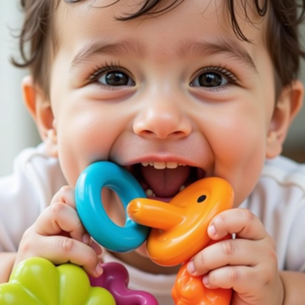 Baby chewing on teething toys