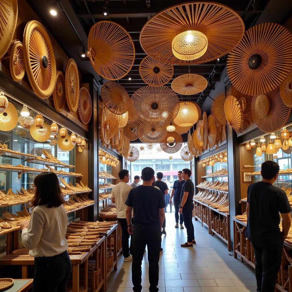 Selecting a bamboo ceiling fan in a Vietnamese shop