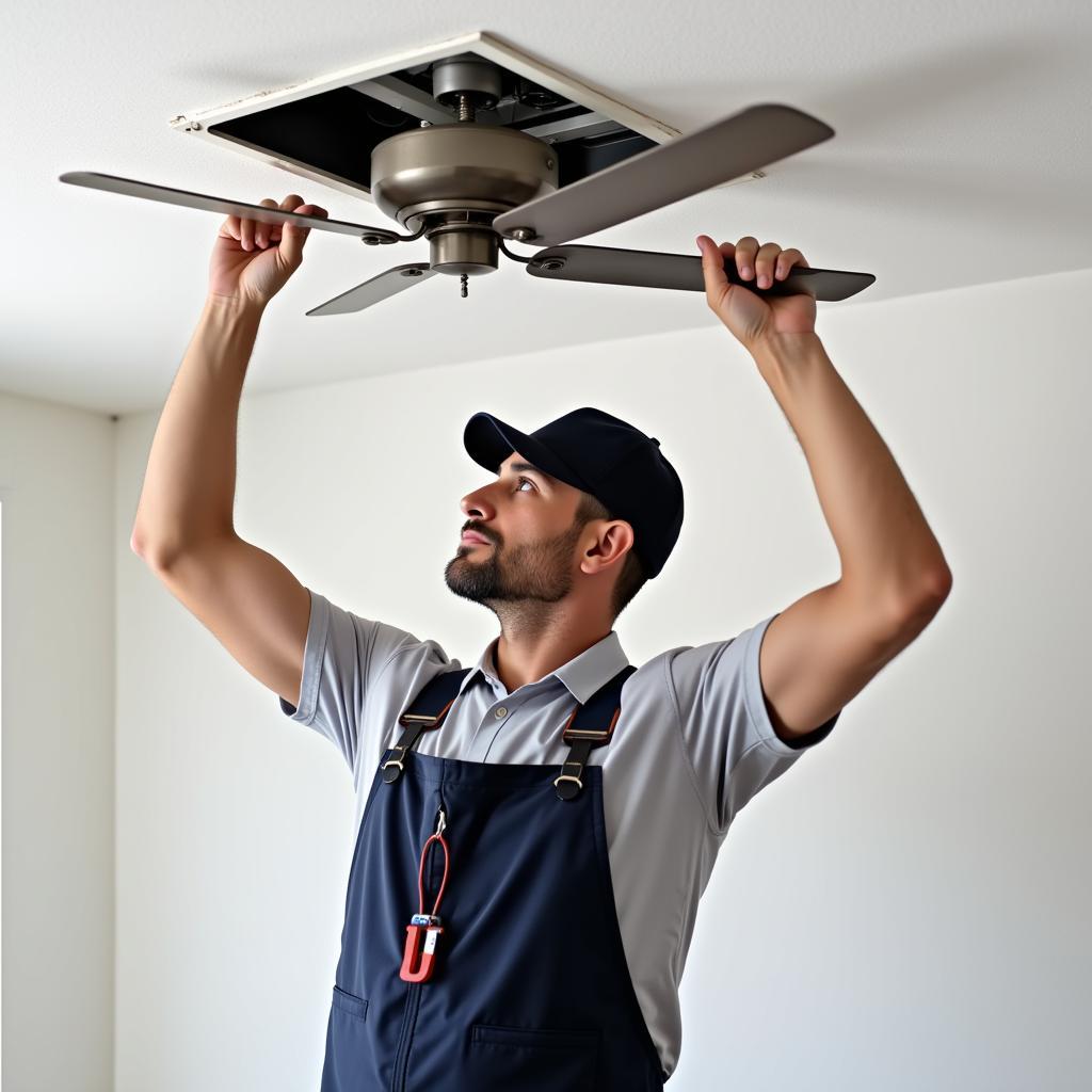 A qualified technician installing an exhaust fan in a Bandung home.