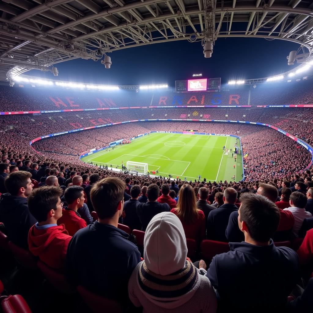 A panoramic view of Barcelona's Camp Nou stadium filled with fans during a match.