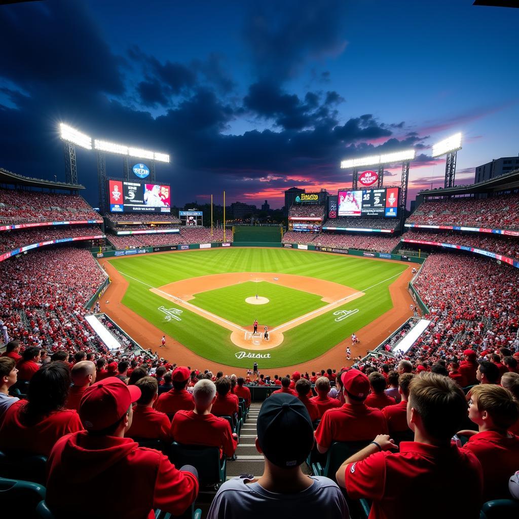 Fans cheering in a packed baseball stadium