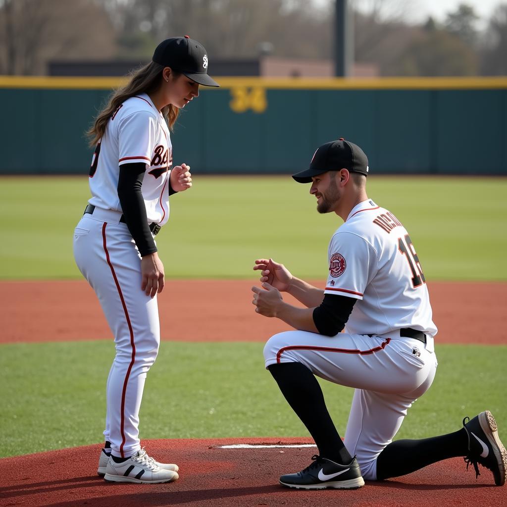 A baseball player proposing to his girlfriend on the pitcher's mound