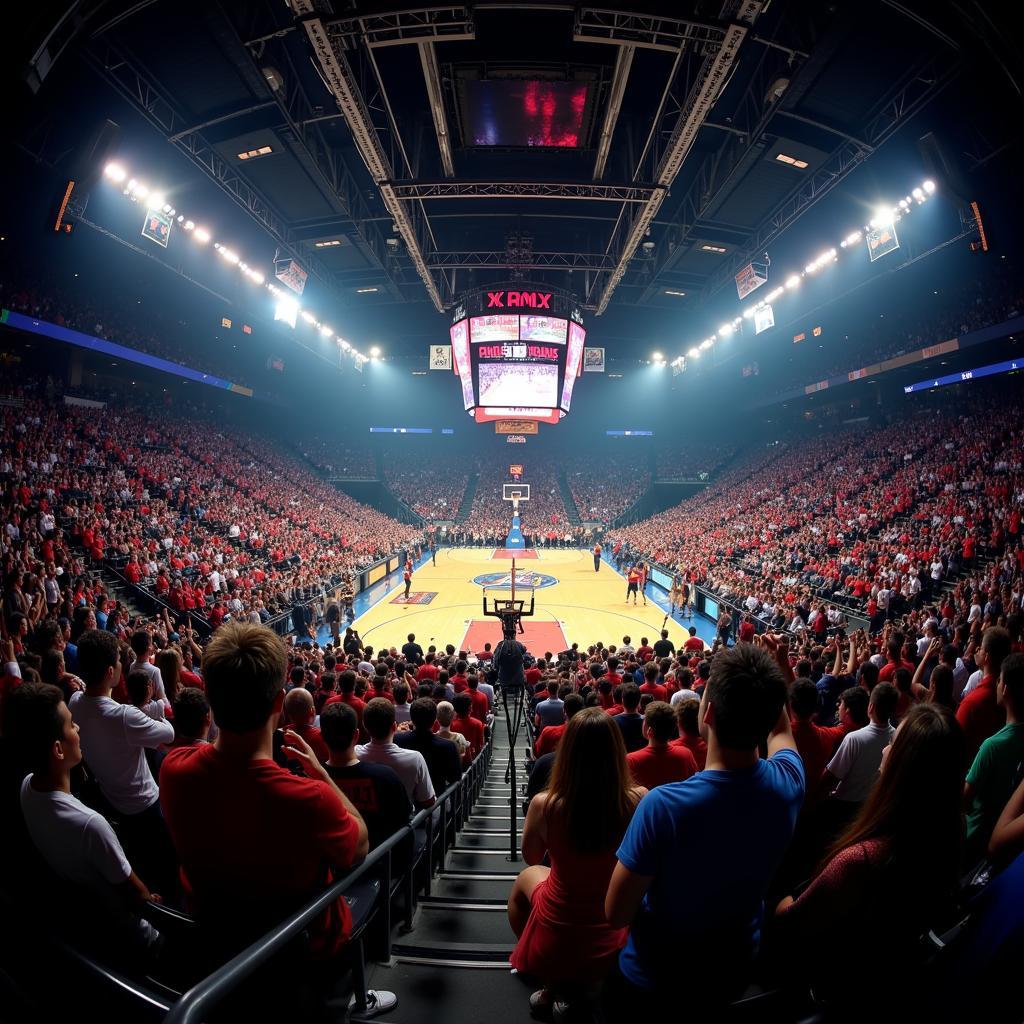 Fans cheering in a packed basketball arena