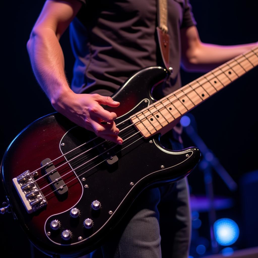 Bassist playing a fanned fret bass guitar on stage