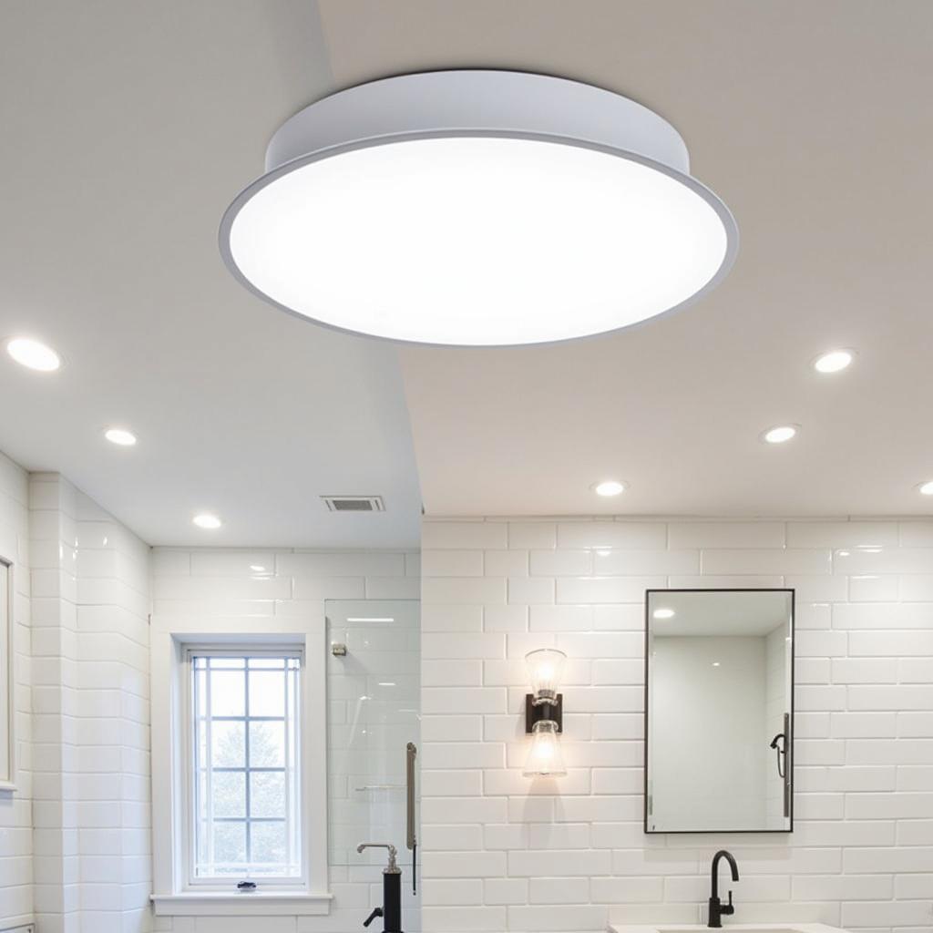 A spacious bathroom with a modern bluetooth exhaust fan light and sleek fixtures.