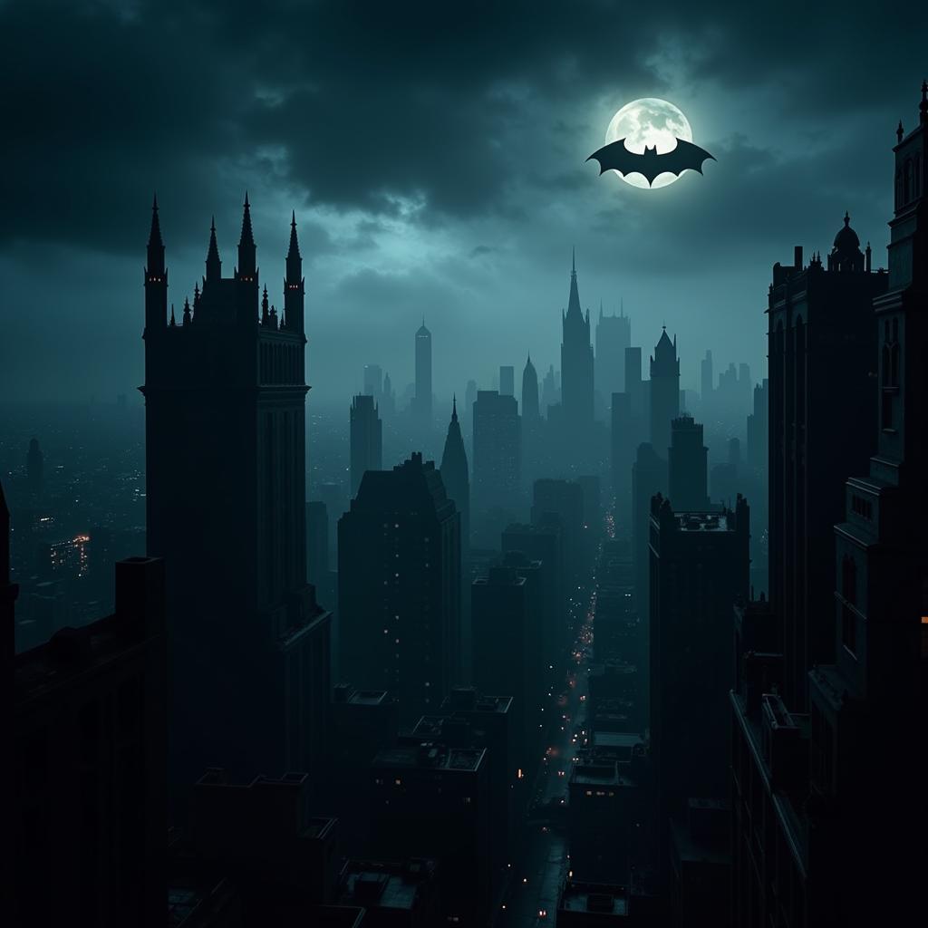 Dark and gritty cityscape of Gotham City