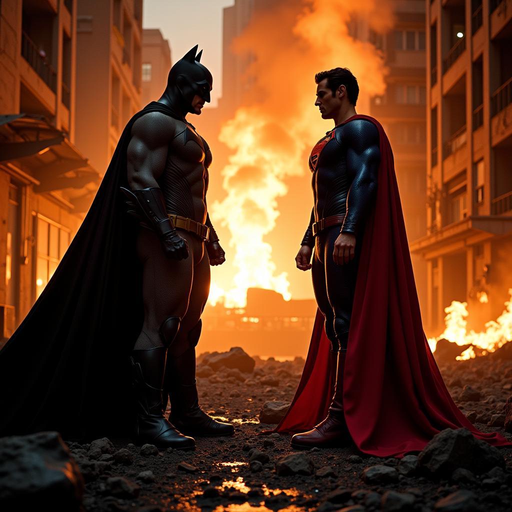 Intense face-off between Batman and Superman amidst the ruins of a city