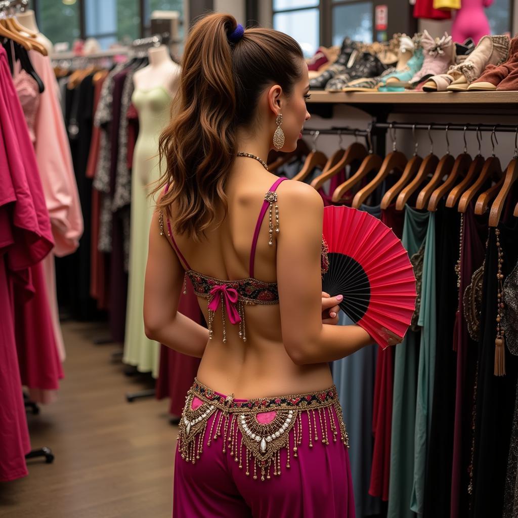 A belly dancer holding a fan and looking at other options in a store