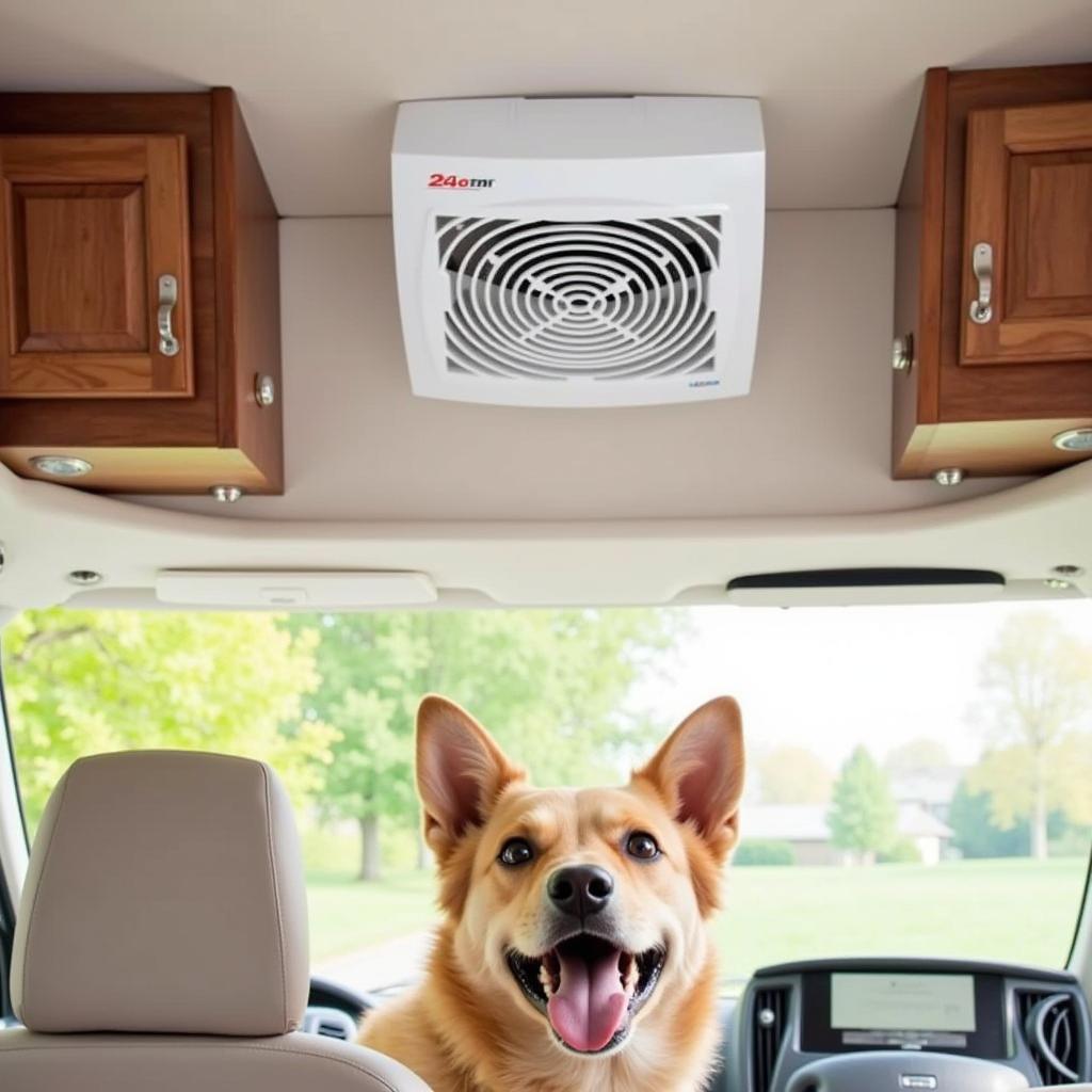 RV vent fan with dog looking happy