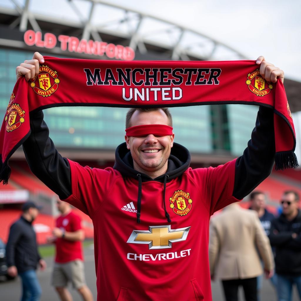 Blind fan holding a Manchester United scarf aloft