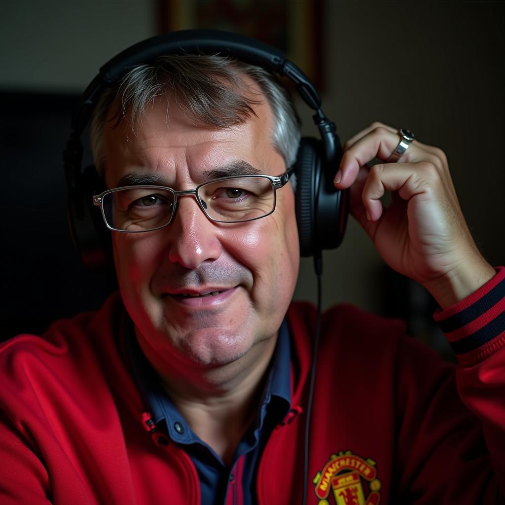 Blind fan listening to a football match on the radio