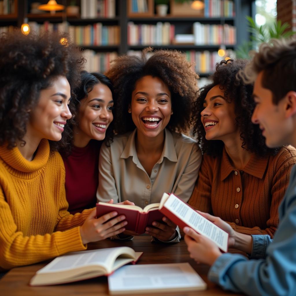 Group of friends discussing a book