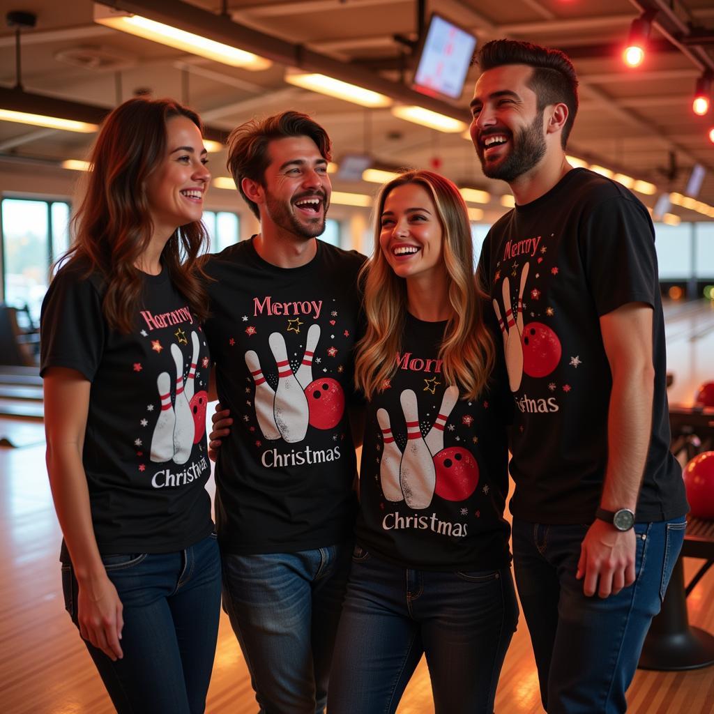 Group of friends wearing matching bowling-themed Christmas t-shirts at a bowling alley.