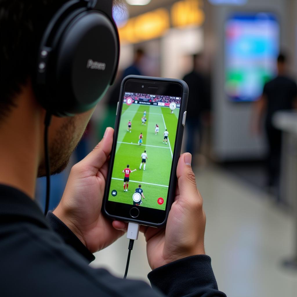 Breeze Easy Fan Mobile Setup: Phone with live stream, noise-cancelling headphones, portable charger.