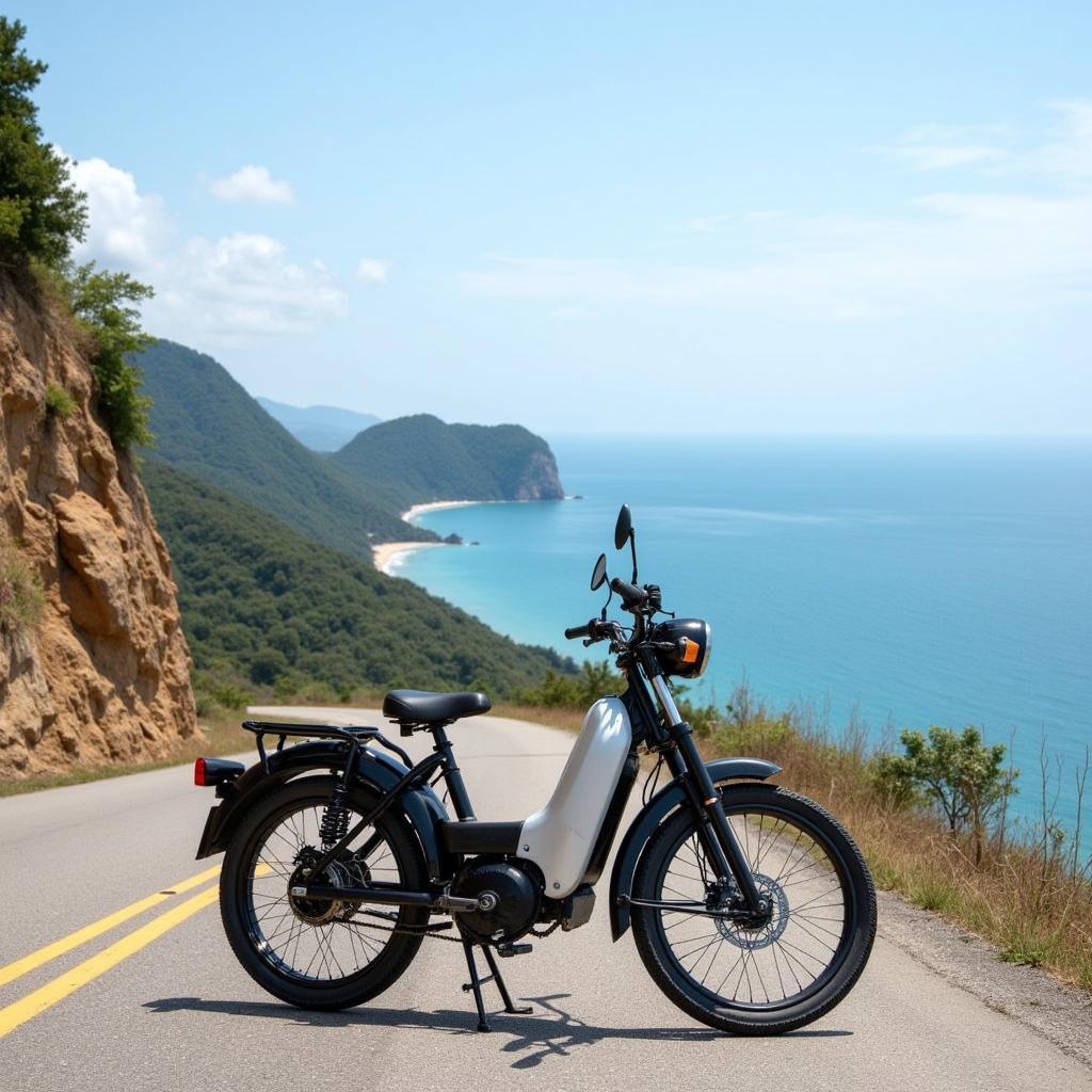 A Brixton BX125 parked overlooking a scenic coastal vista in Vietnam