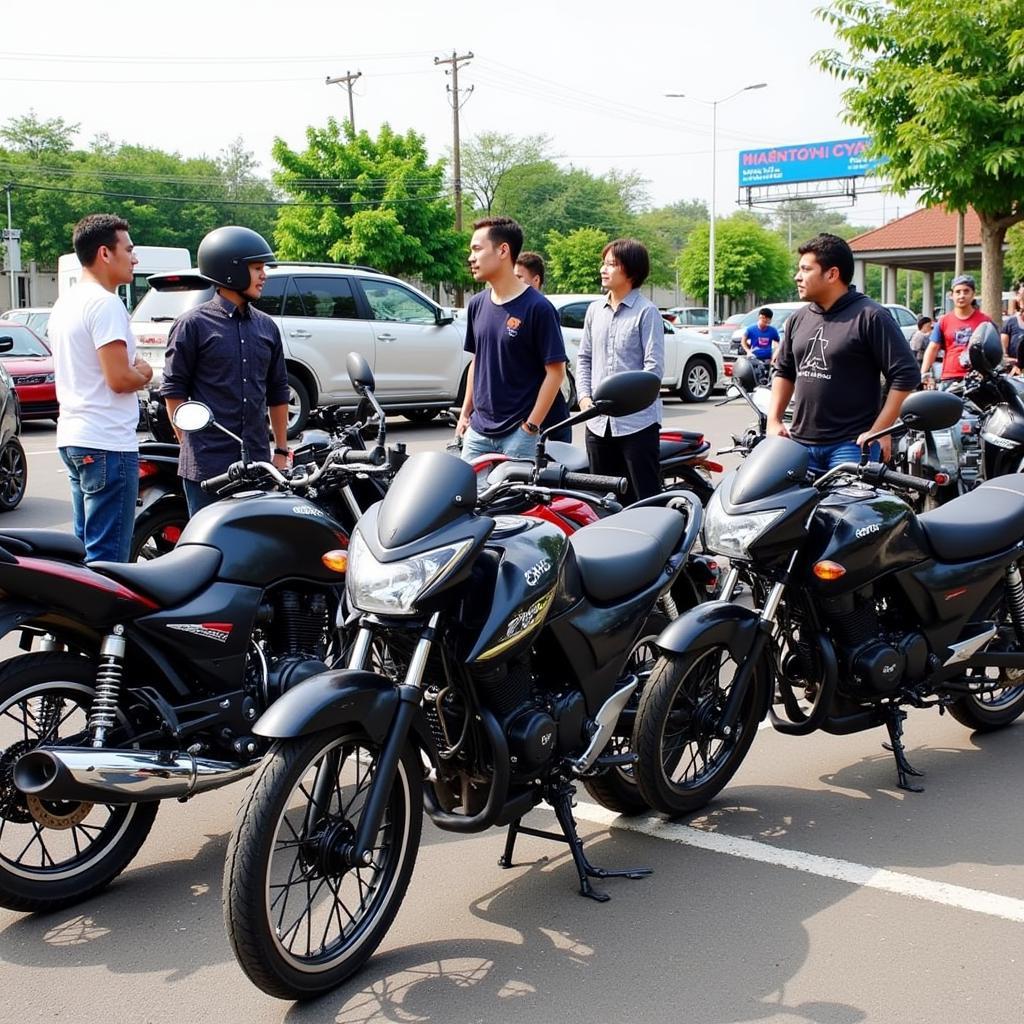 A group of Brixton BX125 riders gather for a weekend ride