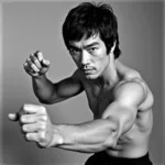 Bruce Lee in his signature fighting stance, radiating intensity and power.