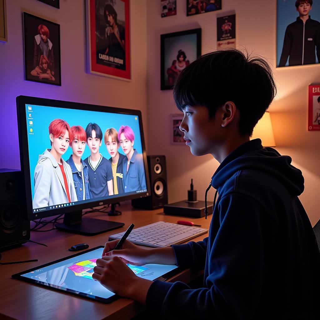 BTS fan artist creating digital art on a tablet