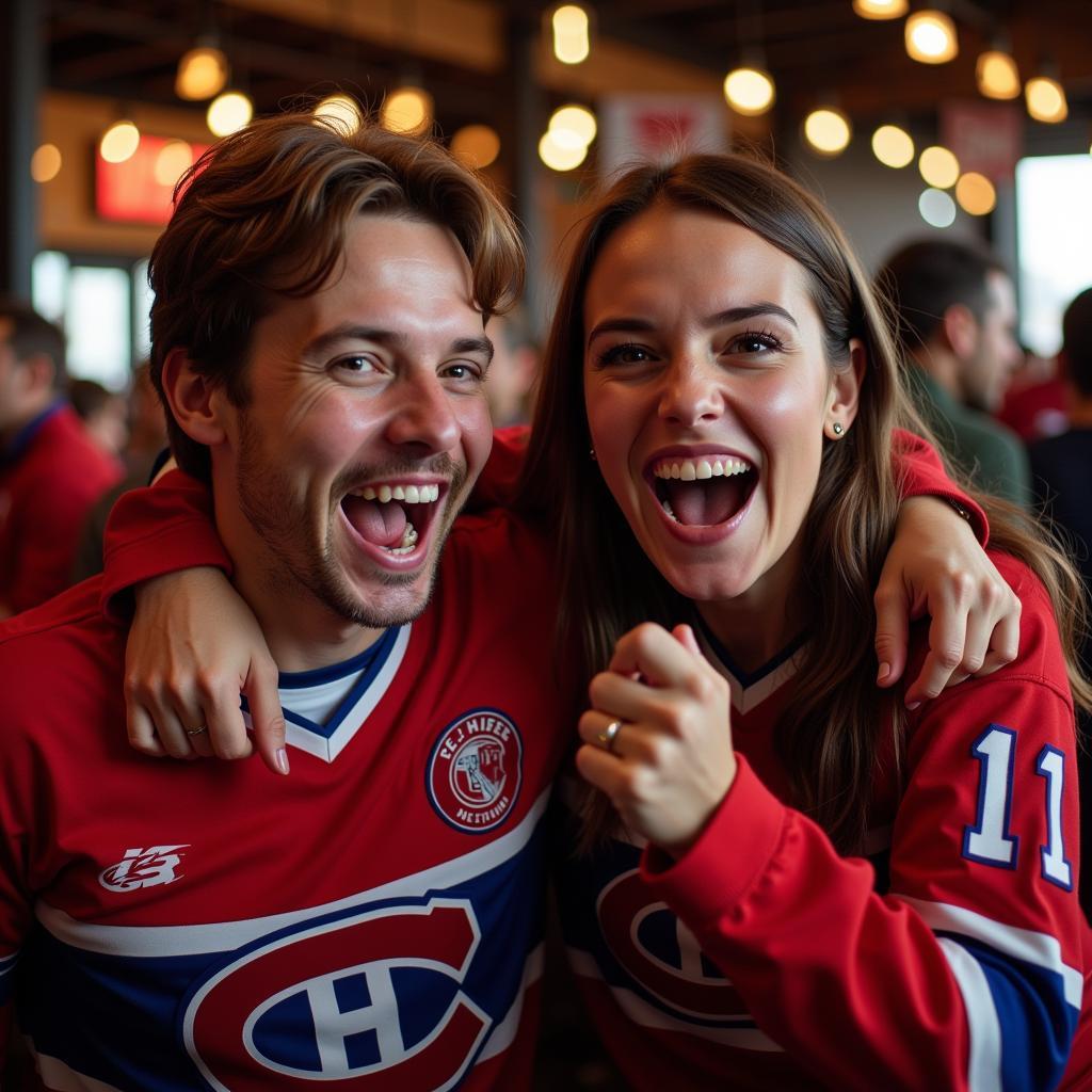 Two friends jumping and cheering, ecstatic after their team scores a goal