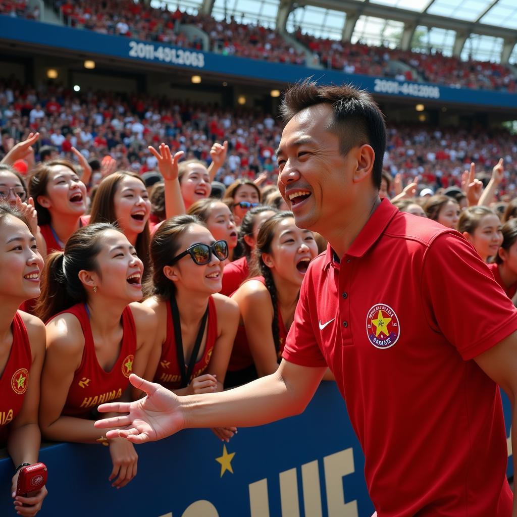 Vietnamese goalkeeper Bui Tien Dung surrounded by cheering female fans