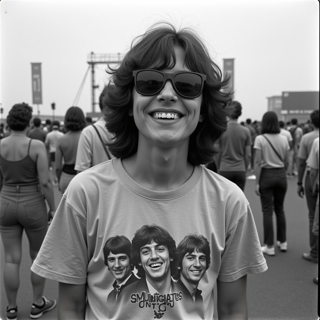 Byrds fan wearing a concert t-shirt at a vintage music festival